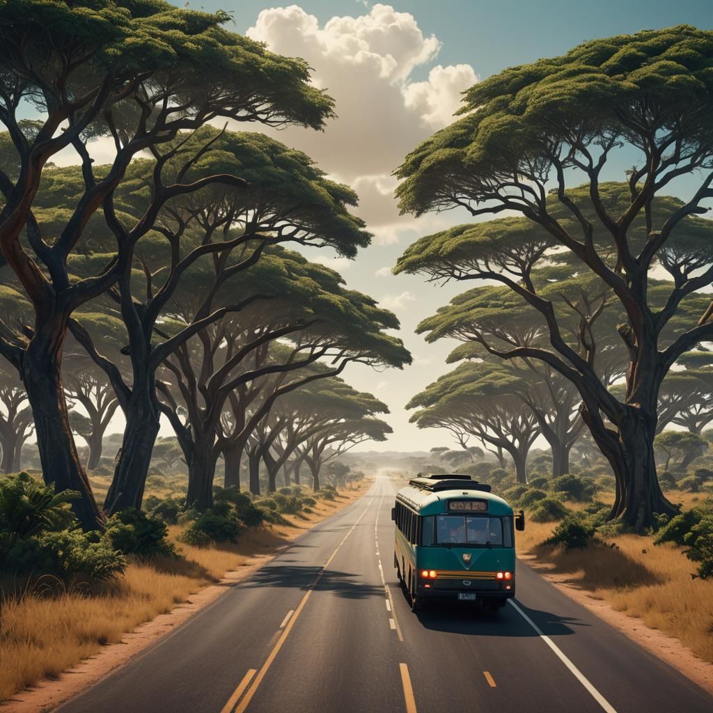 A commuter coach in the foreground on a long road through a ...