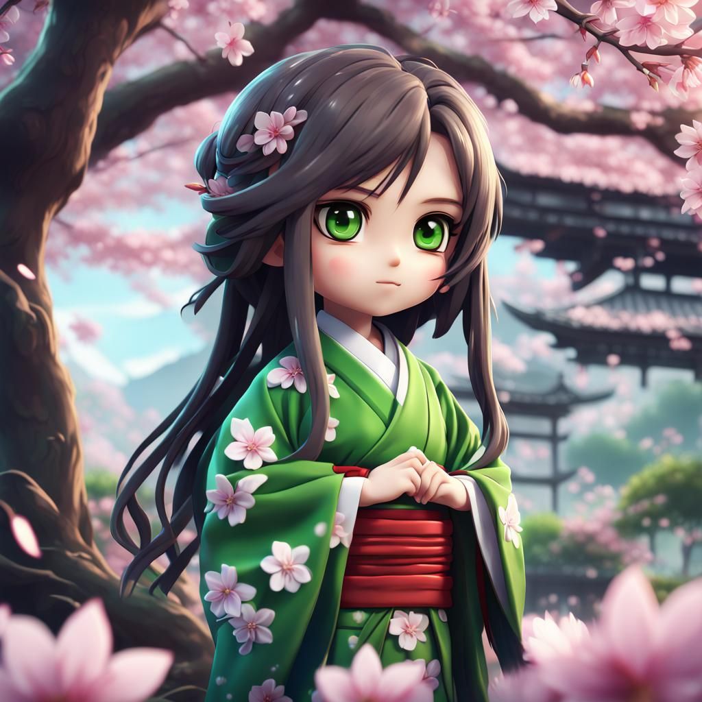 A chibi anime character with beautiful sparkling green eyes and long hair wearing Japanese clothing and ...  by @Courtney Davis