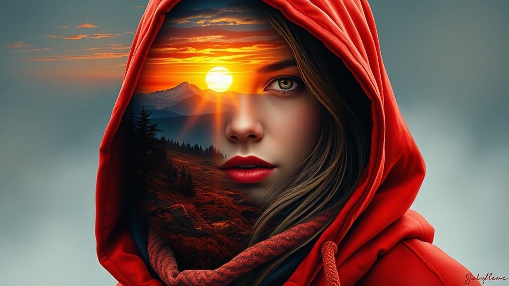 Woman in Red Cloak with Sunset: Digital Watercolor