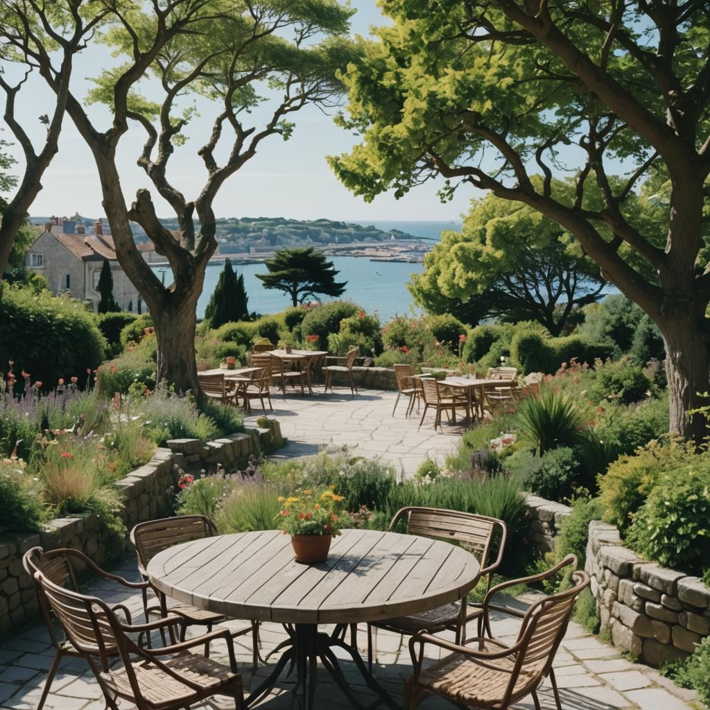 un belle terrasse dans un beau jardin avec vue sur mer (qui ...