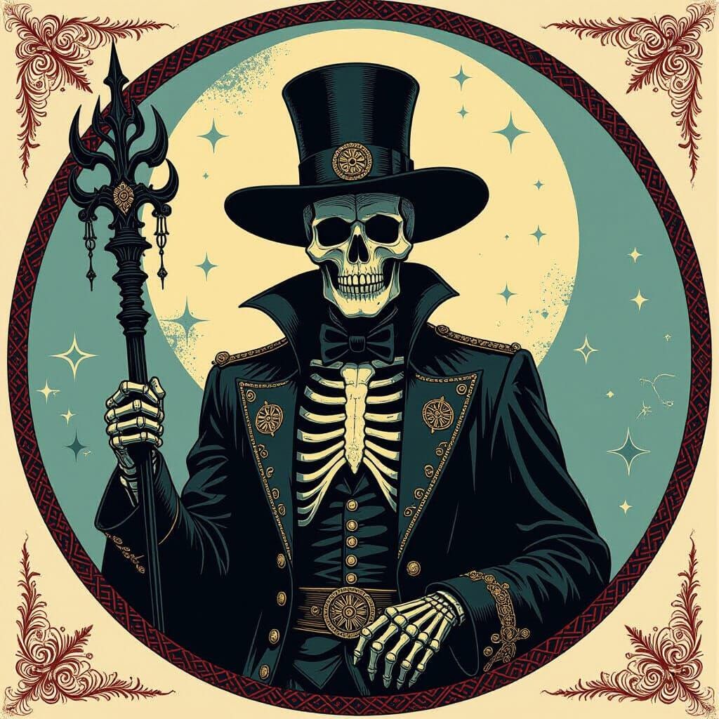 *Circle composition: Avatar of Baron Samedi* + strong shadows, Apocalyptic theme, Rutrowsky style :: shot on Kodacolor VR 400 —ar 14:9 —styl...