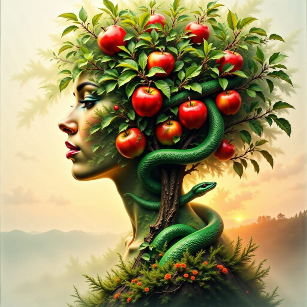 <lora:Feeling Exposed:1.0> <lora:The DeXp of Red:1.0> DEXP double exposure apple tree snake