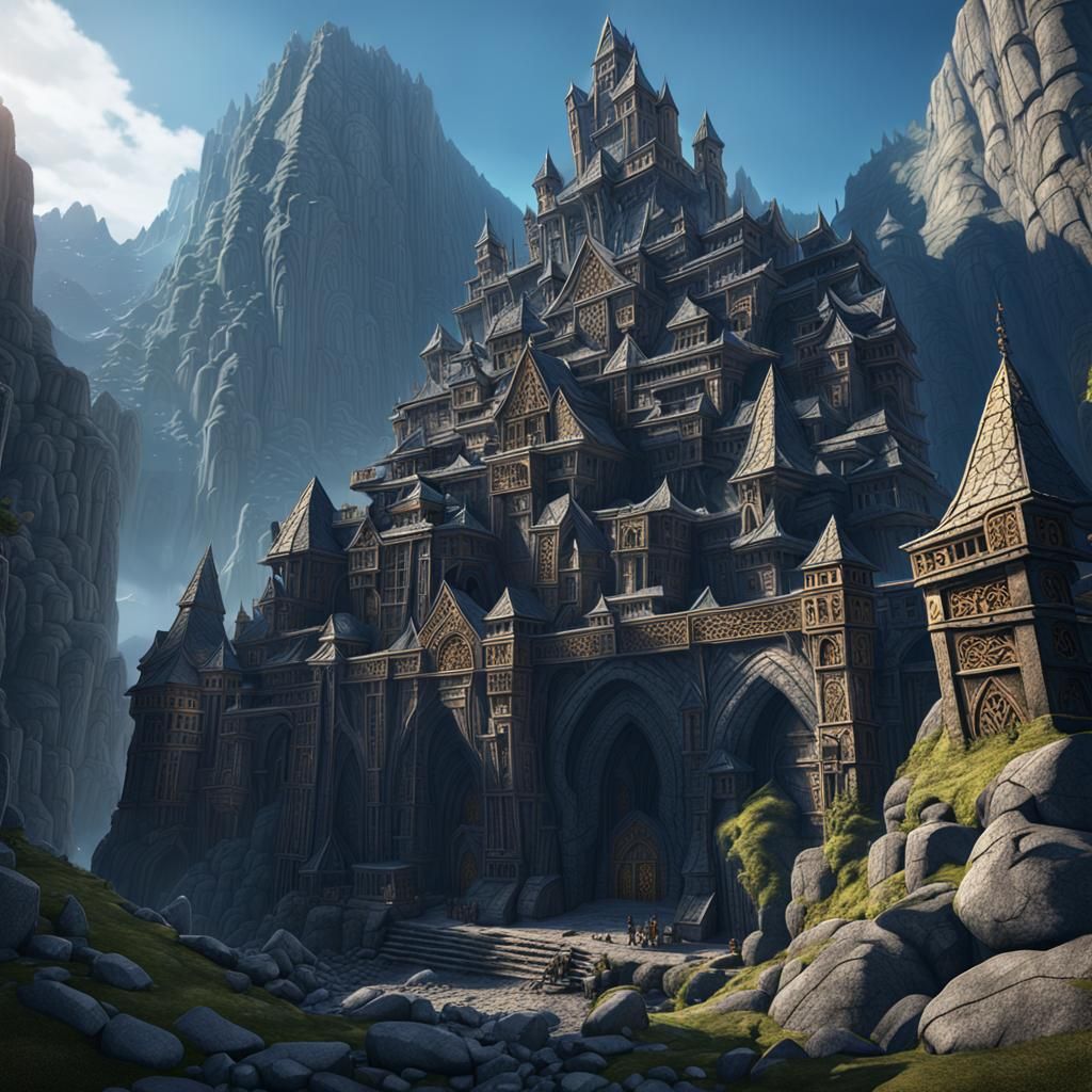 Majestic Dwarven city carved into the stone of the side of a...