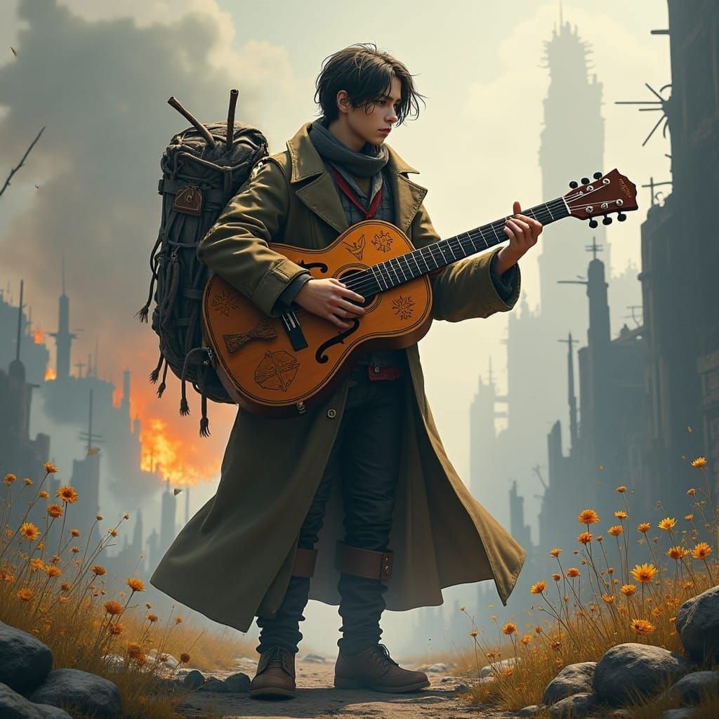 Man Shields Piano in Apocalyptic Scene