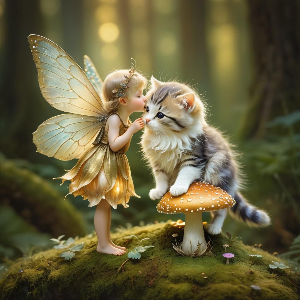Fantasy Fairy and Kitten Kiss in Watercolor Style