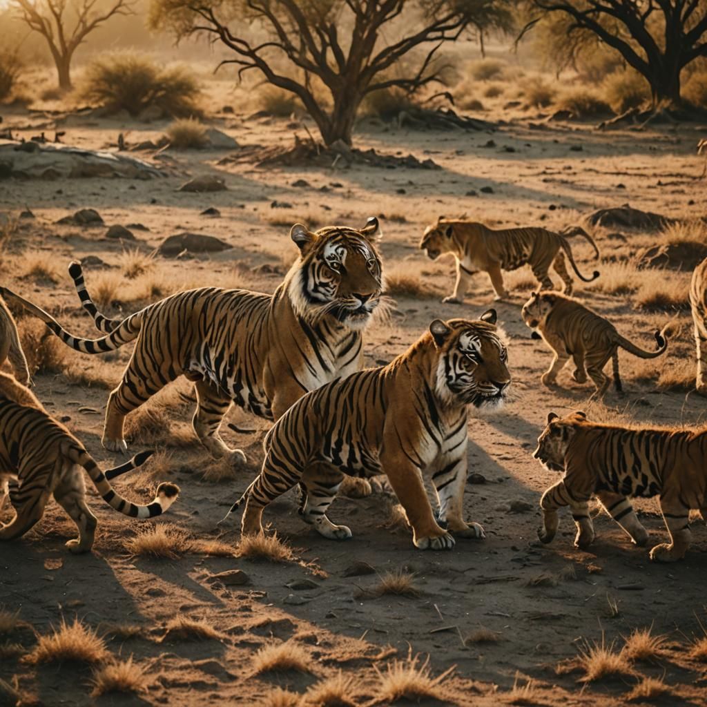 Tiger and Lions Fight in Savannah: Cinematic Film Still