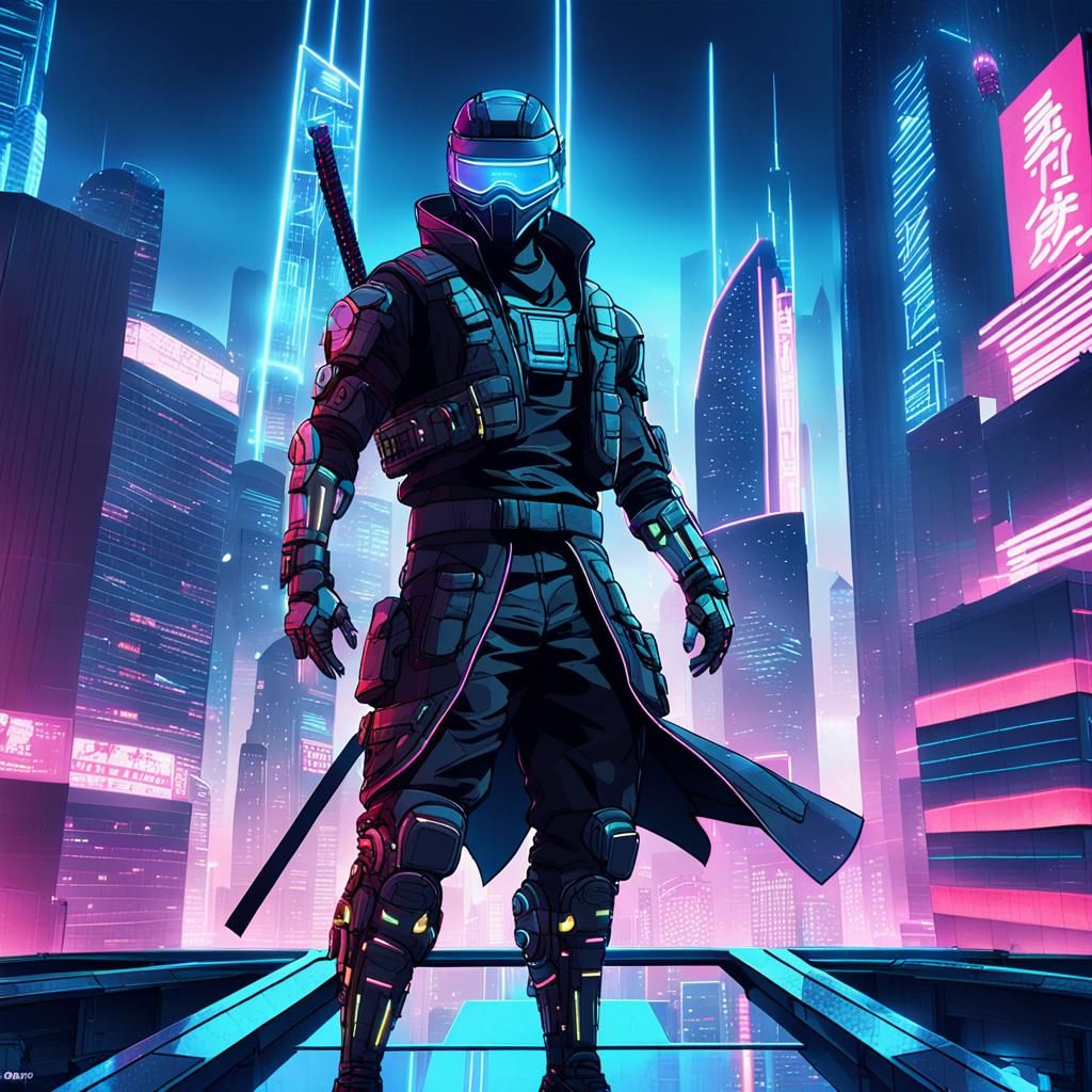 Digital Illustration of {a futuristic ninja warrior equipped with ...