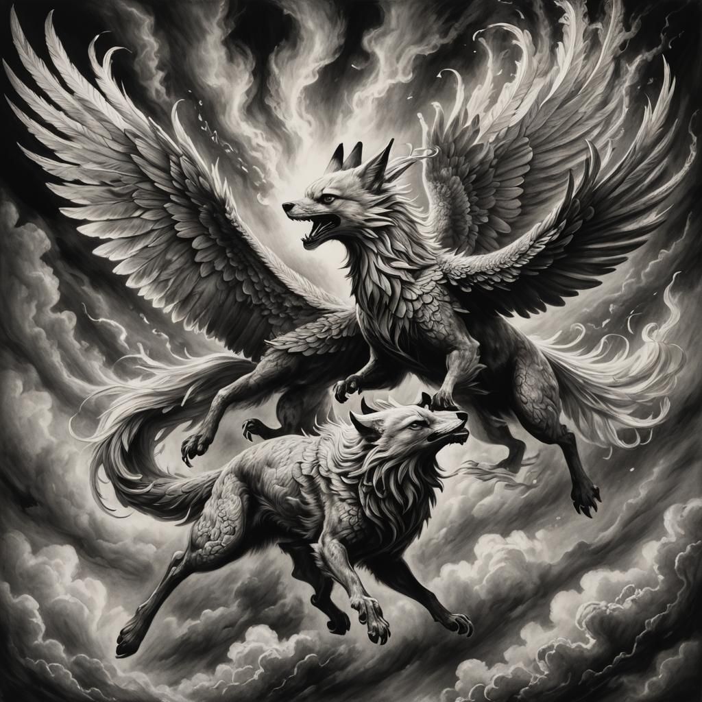 Kitsune and Phoenix Clash: Hyperdetailed Charcoal Drawing