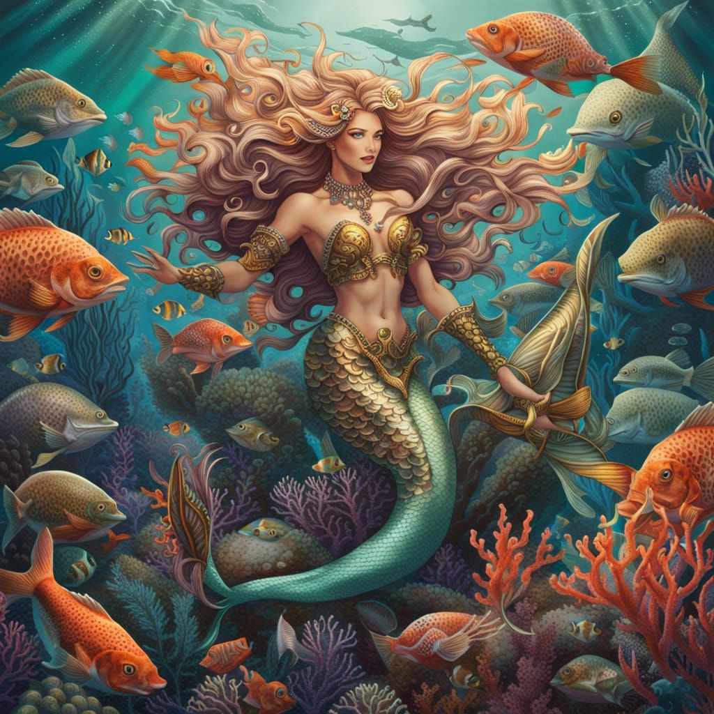 Mermaid with her fishy friends   by @Mr Doodle