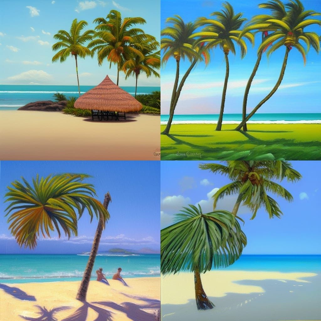 Caribbean ocean beach palm trees thatch umbrella