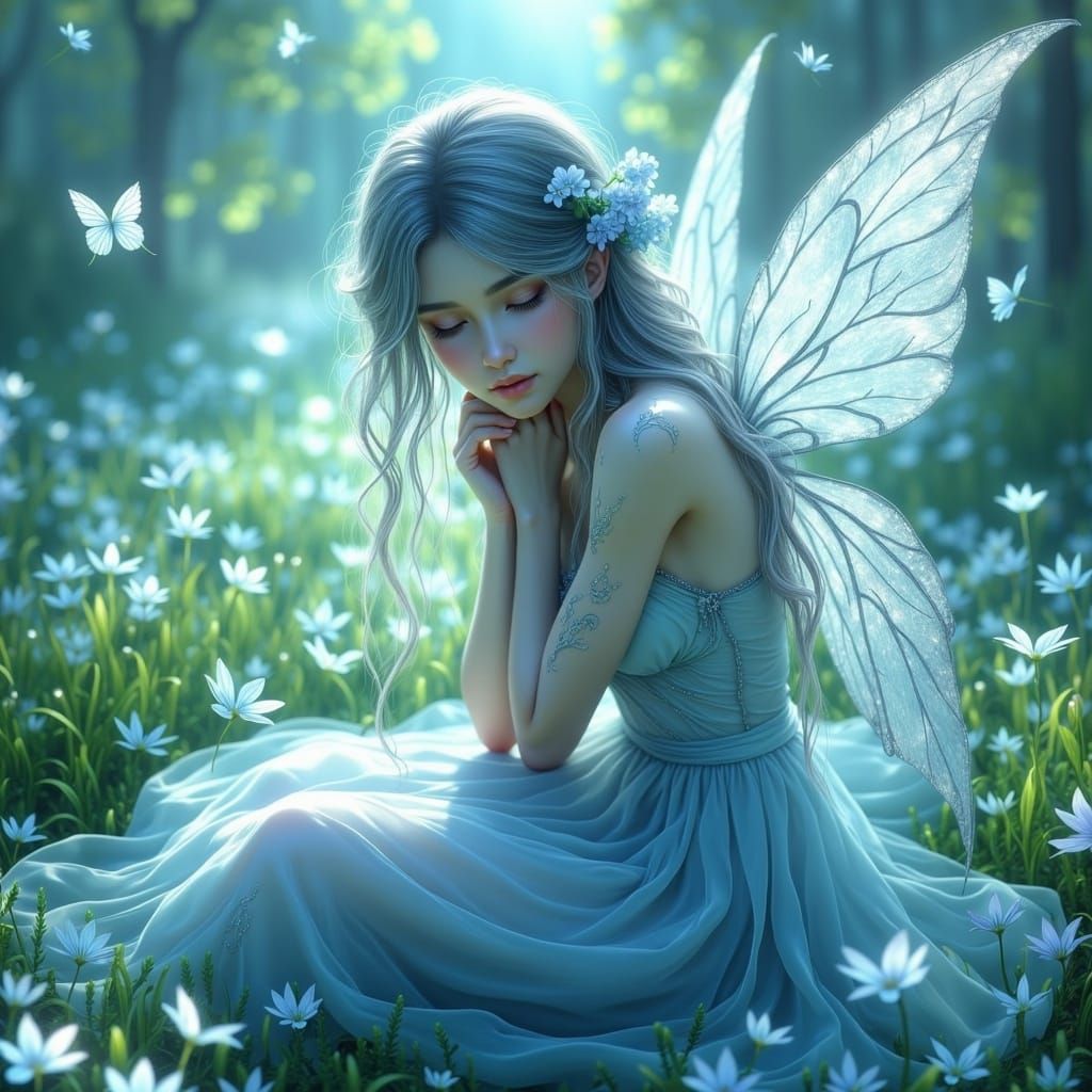 A hyperrealistic full body portrait of a pretty moon fairy kneeling surrounded by magical petals and flowers in the style of <lora:Fantasy:1...