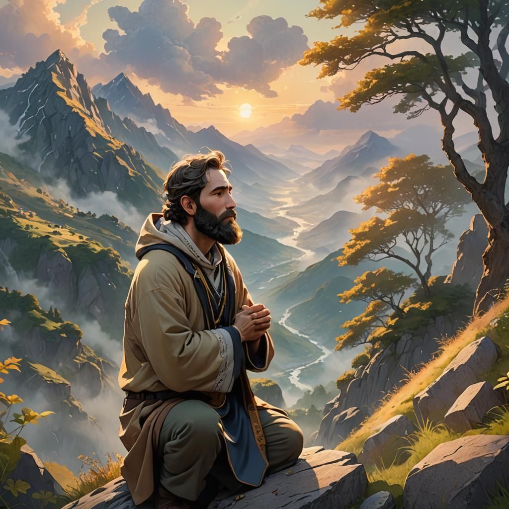 Jewish Man Prayers on Mountain in 3D Anime Art