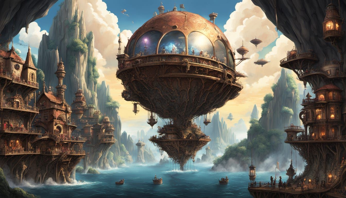 A steampunk city built within a giant, hollowed-out geode, with intricate brass mechanisms and glowing crystal formations. Airships navigate...