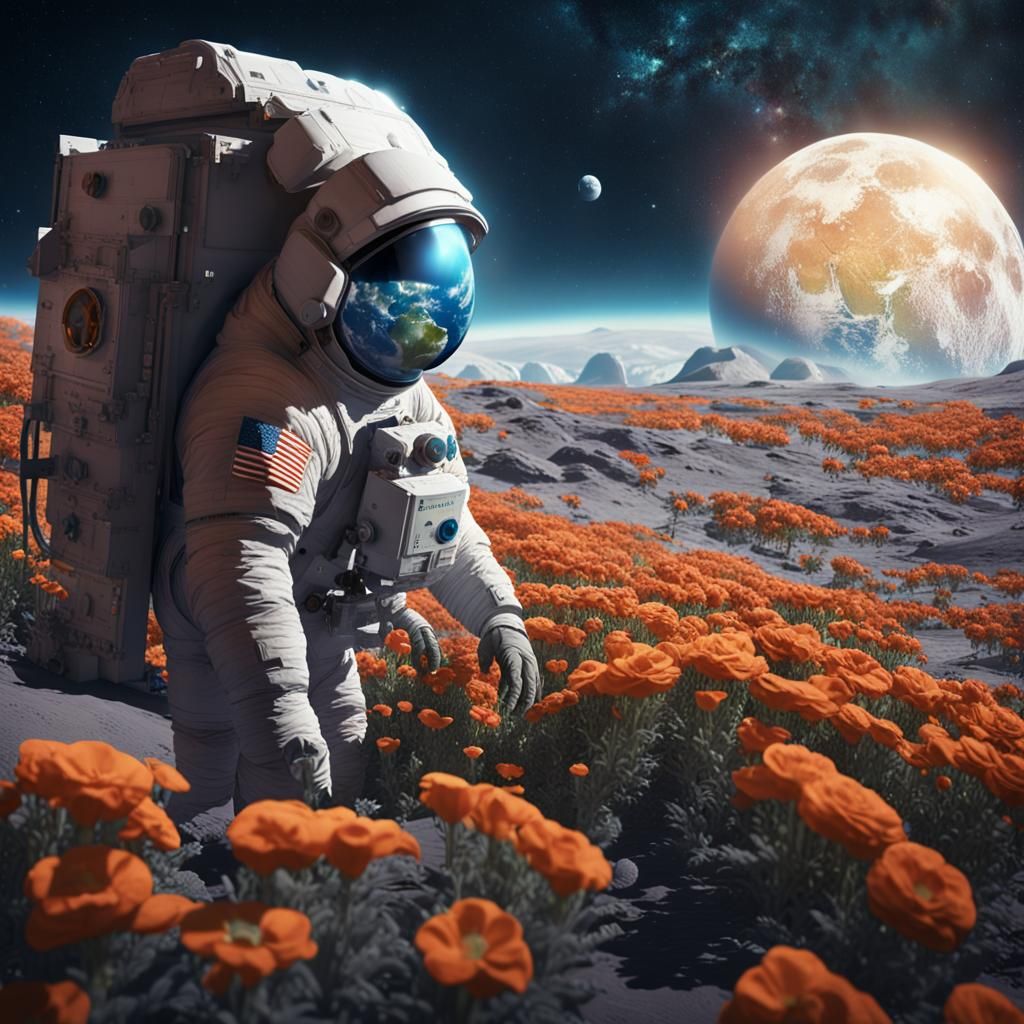 A man in a spacesuit tending to the flowers in a dome on the...