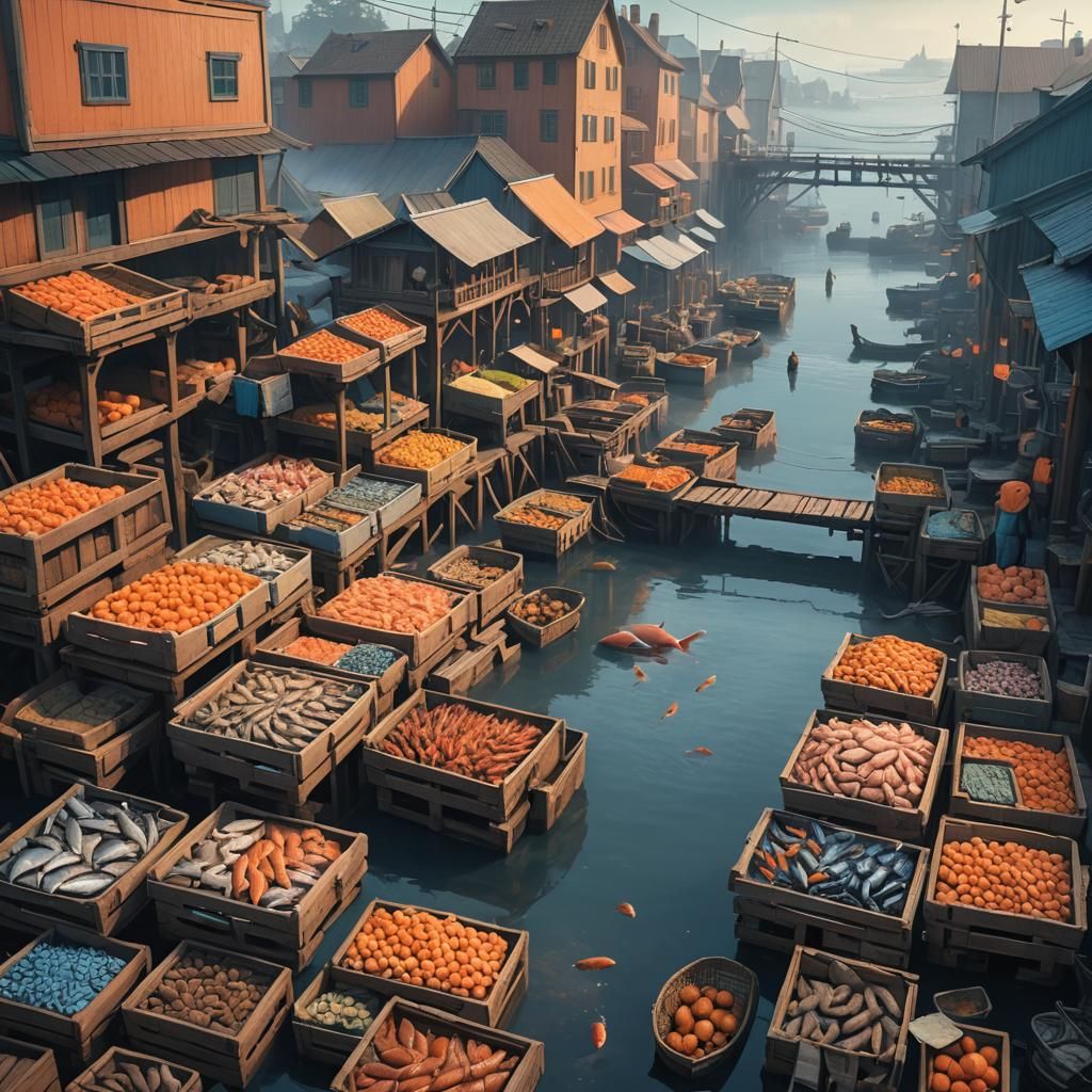 Bustling Fish Market in Fantasy Riverside Town