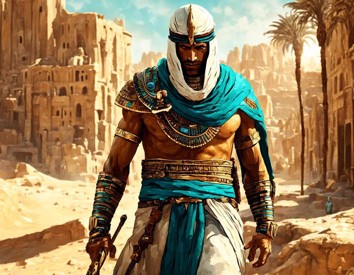 Depict Bayek of Siwa in a sun-drenched Egyptian desert, embo...
