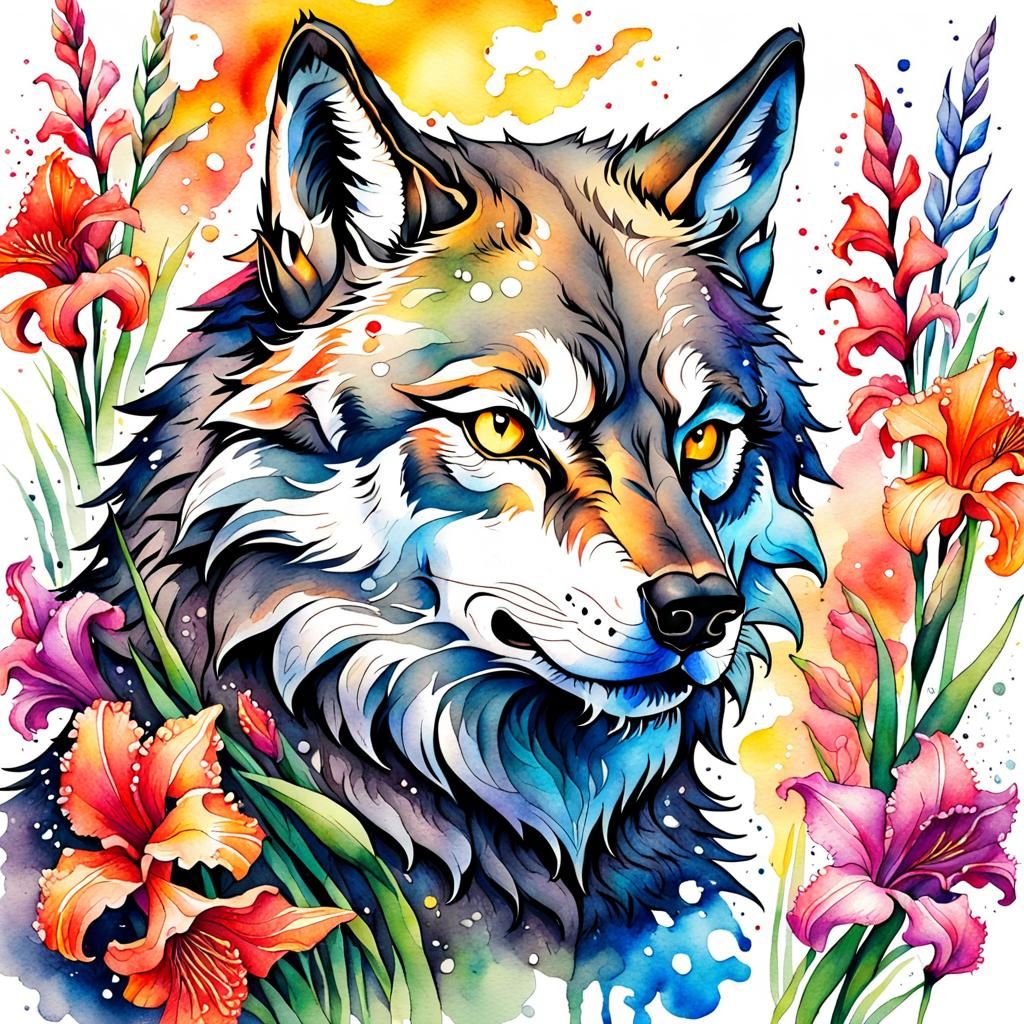 Wolf Portrait | Gladiolus Flowers 