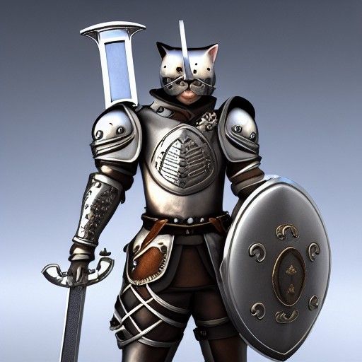 Cat in full plate armor holding a sword and shield