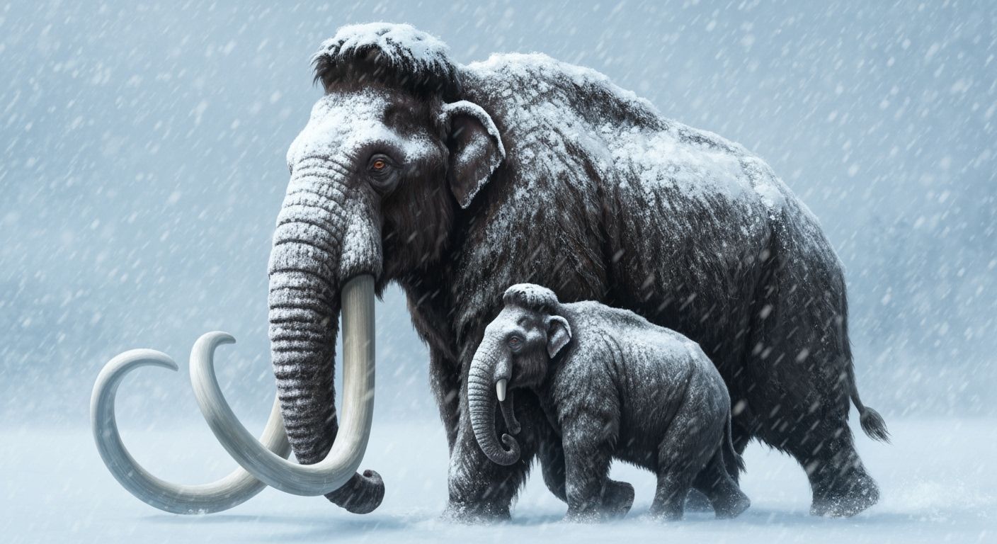 a magnificent woolly mammoth snuggles around a woolly mammoth baby, wooly mammoth walking through a harsh ...  by @Summerchild