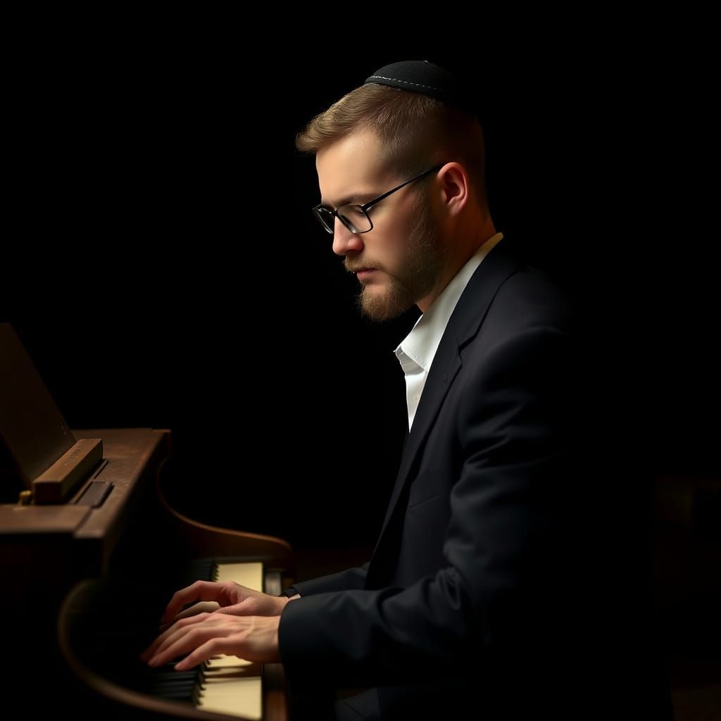 Orthodox Jewish Man Plays Piano in Dark Room