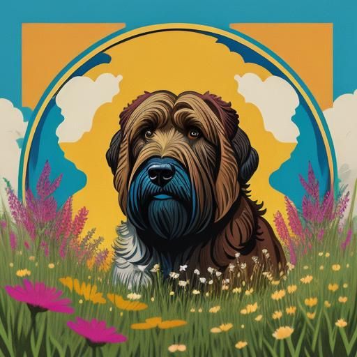 "Briard dog, fawn color on a meadow full of flowers and colors" Screen print, pop art, splash screen ...  by @MrNoname