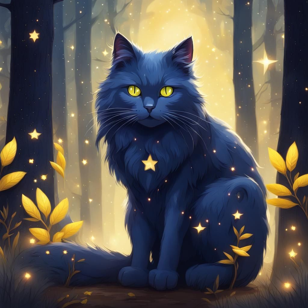 A beautiful dark blue cat with yellow shiny eyes, long fur. ...