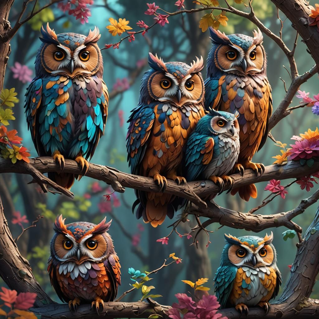 3 cute colorful fluffy owls sitting on a branch.