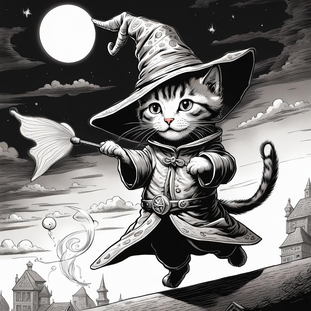 Style of Tenniel, a black and white drawing of a tabby kitte...