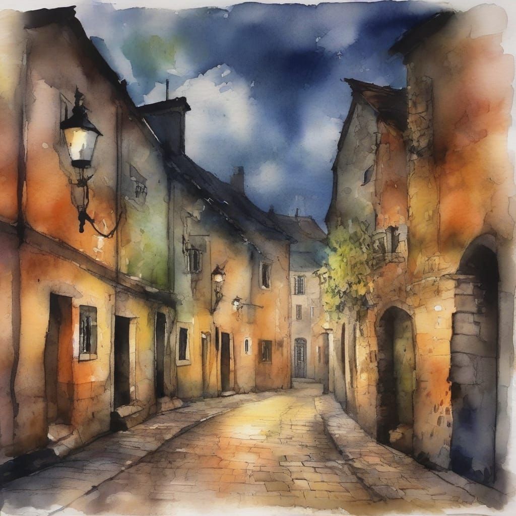 a fairy-tale ancient village 16th century cobbles and rustic stone cottages, watercolour ink, ink splats, ...  by @Pinto