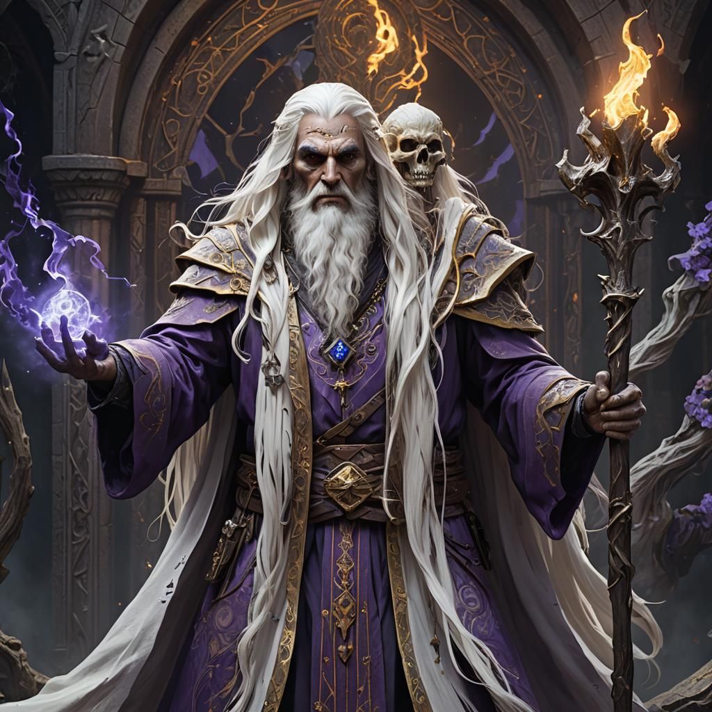 an adult necromancer with long white hair holding a wizard's...