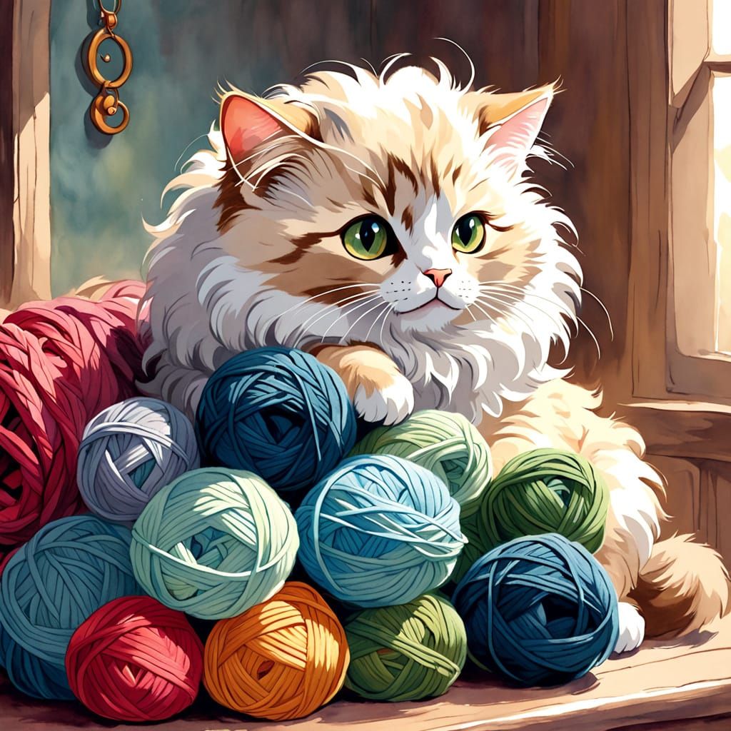 Whimsical Watercolor of a Cozy Cat in Yarn