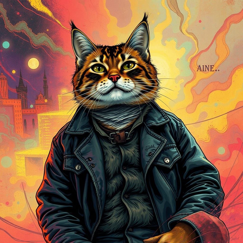 Cat. surrounded by a hazy atmosphere, in the style of Ralph Steadman, with vibrant colors and expressive lines, reminiscent of Gonzo journal...