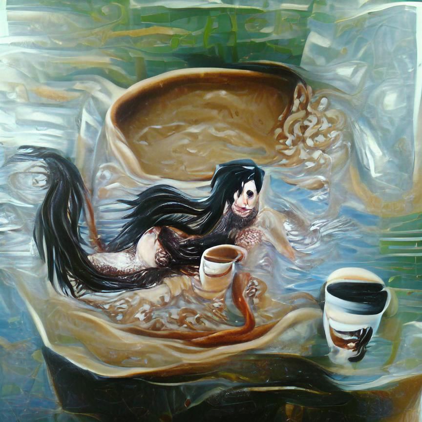 Mermaid with long black hair in a cup of coffee. Oil on canv...