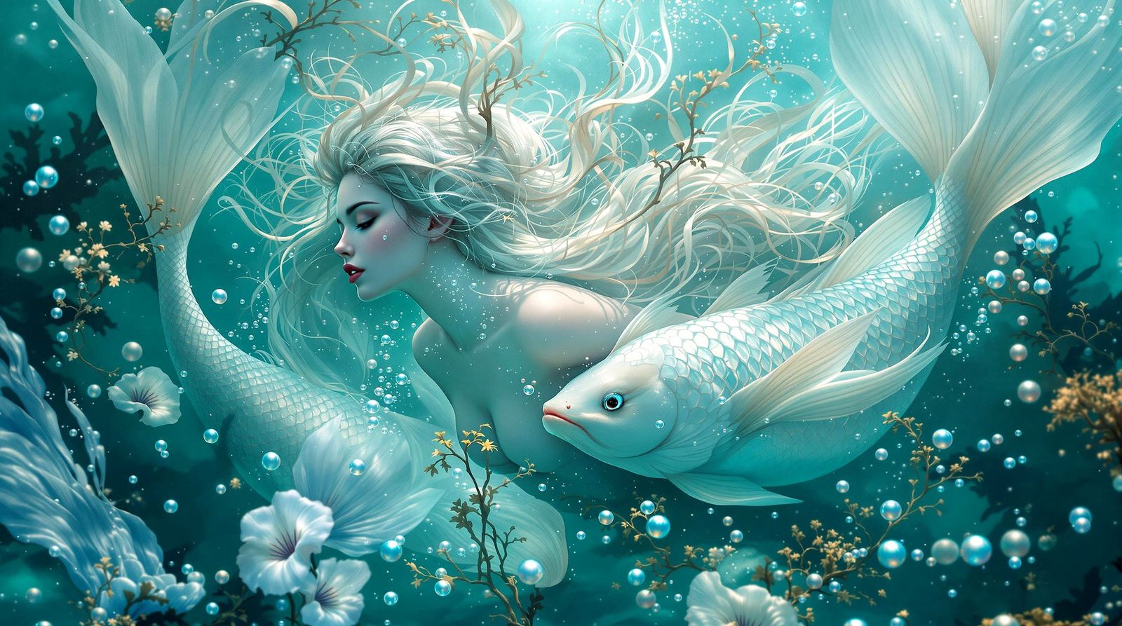 **Pisces** A graceful woman with fish-like features, swimming in a circular motion with another similar figure, surround...