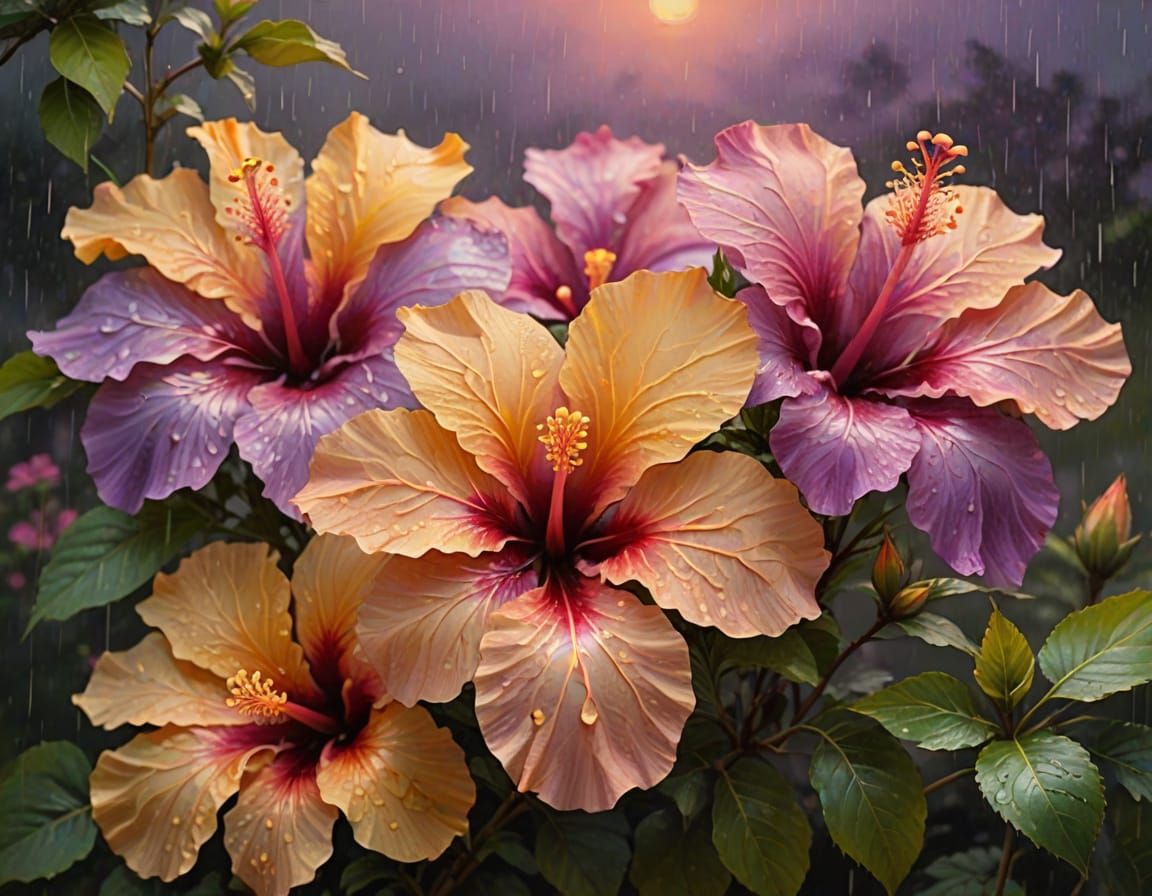 In the twilight rain, these brilliant-hued hibiscus, a lovely sunset (Haiku by Matsuo Bashō 1644 - 1694) ...  by @Thordis Alfstein