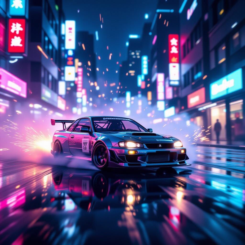 High-speed cinematic shot of a drifting through neon-lit wet streets, smoke and sparks trail behind, camera follows close then swings wide, ...