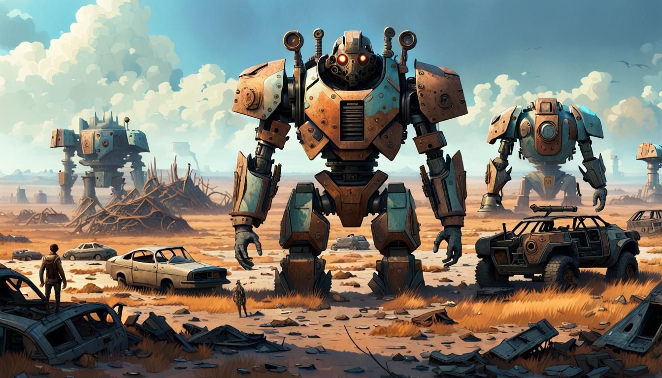 distant shot of survivor in patchwork mechanical armor in a ...