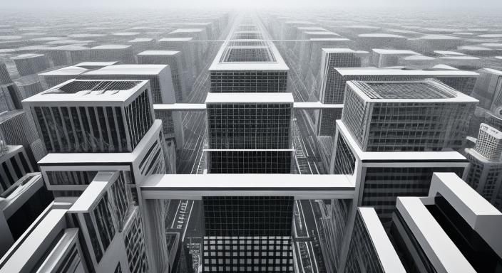human city, Optical illusion over a black white grid. asymme...