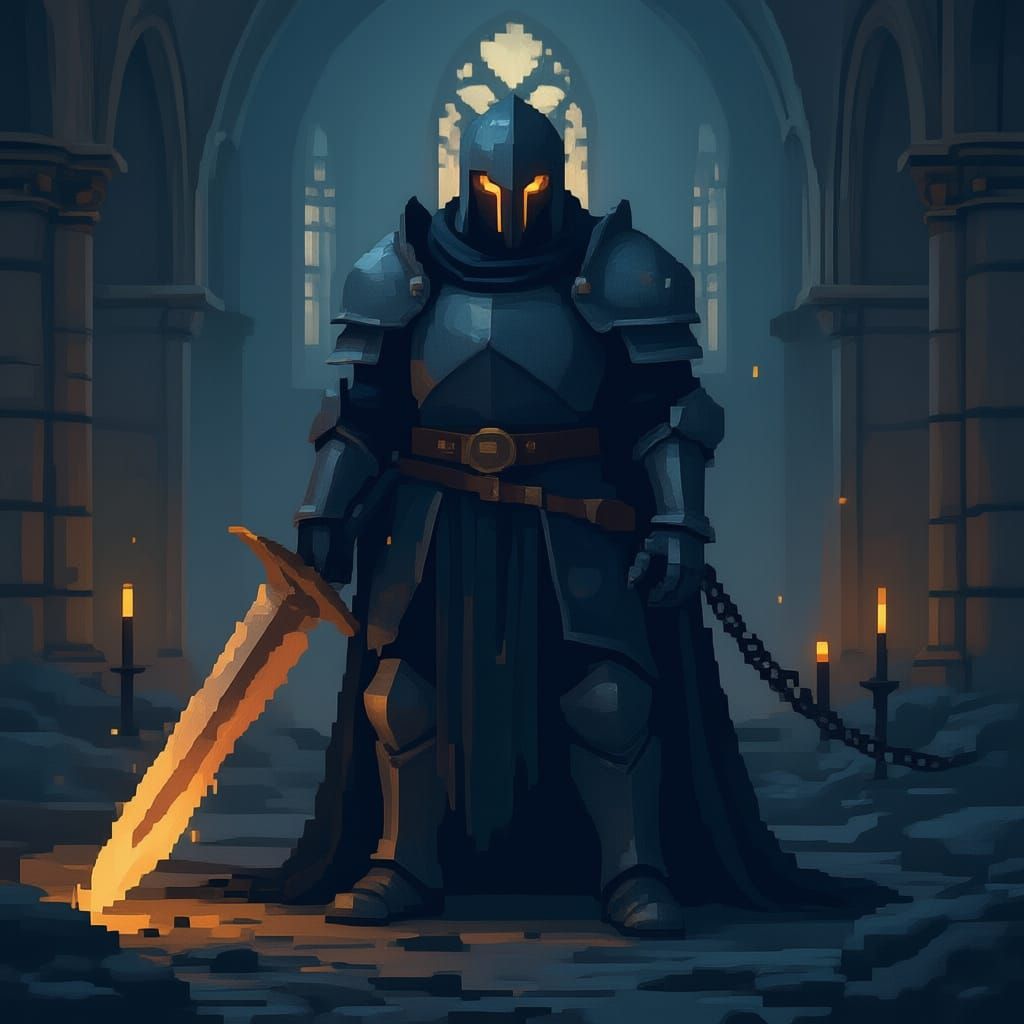 Give me a pixel art for A towering knight clad in cracked obsidian armor, helm split to reveal glowing hollow eyes. Rusted greatsword chaine...