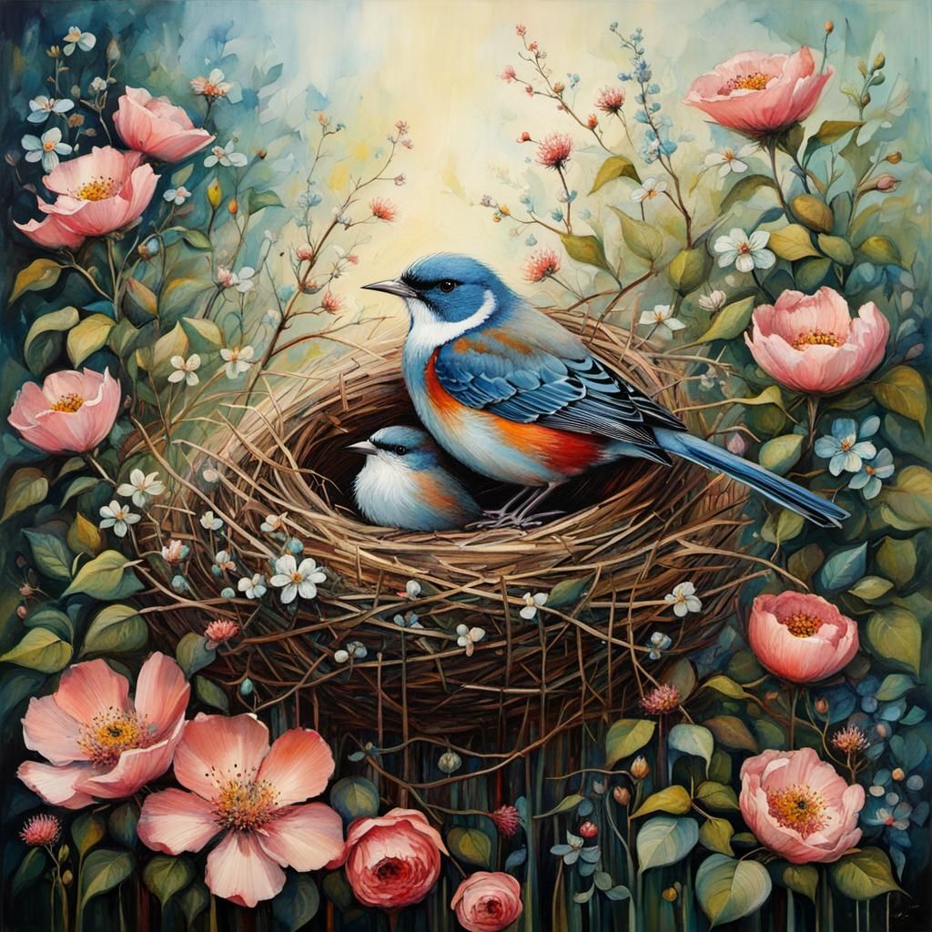 Beautiful bird sits on an artfully built nest in a flowering hedge, by Karla Gerard, Erin Hanson and ...  by @Tina auf der Blumenwiese