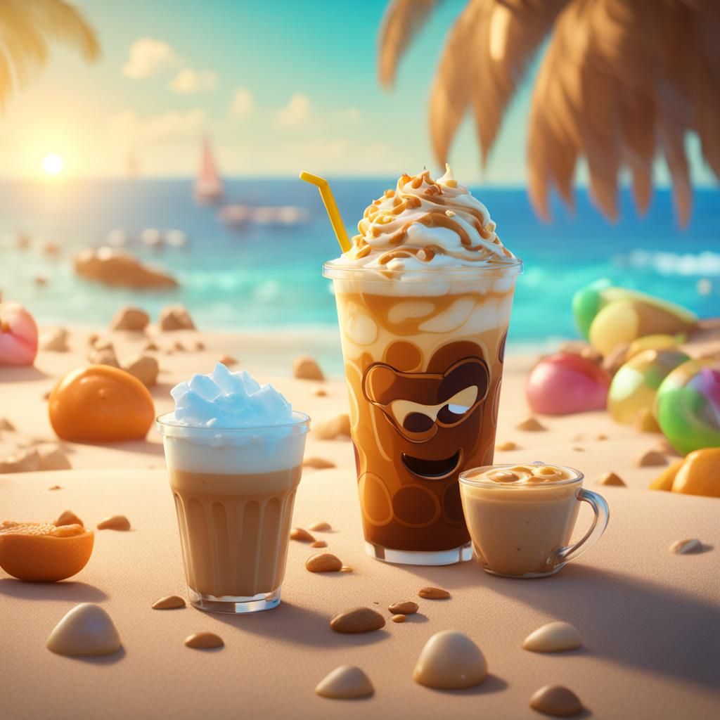 Iced caramel latte on the beach