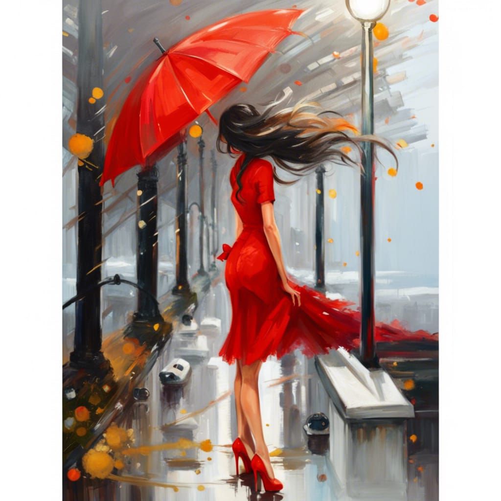 Red dress in a storm
