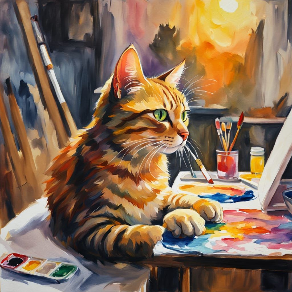 Artist Paints a Cat in Fauvist Oil Painting Style