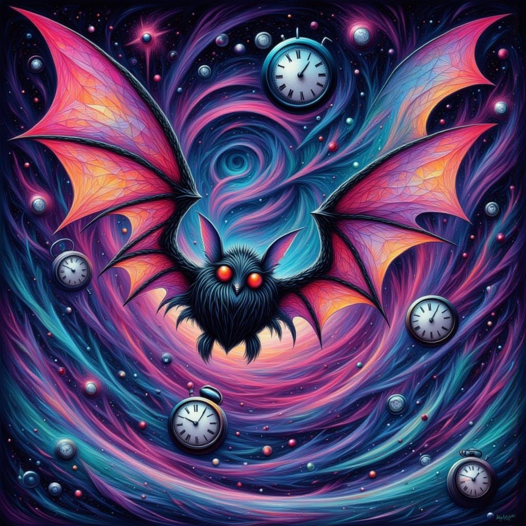 Bat with geometric wings flying through time <lora:Animals:1.0> <lora:Art Machina AR1:1.0> <lora:KakSurrealChaos:1.0> <lora:Trifecta:1.0>