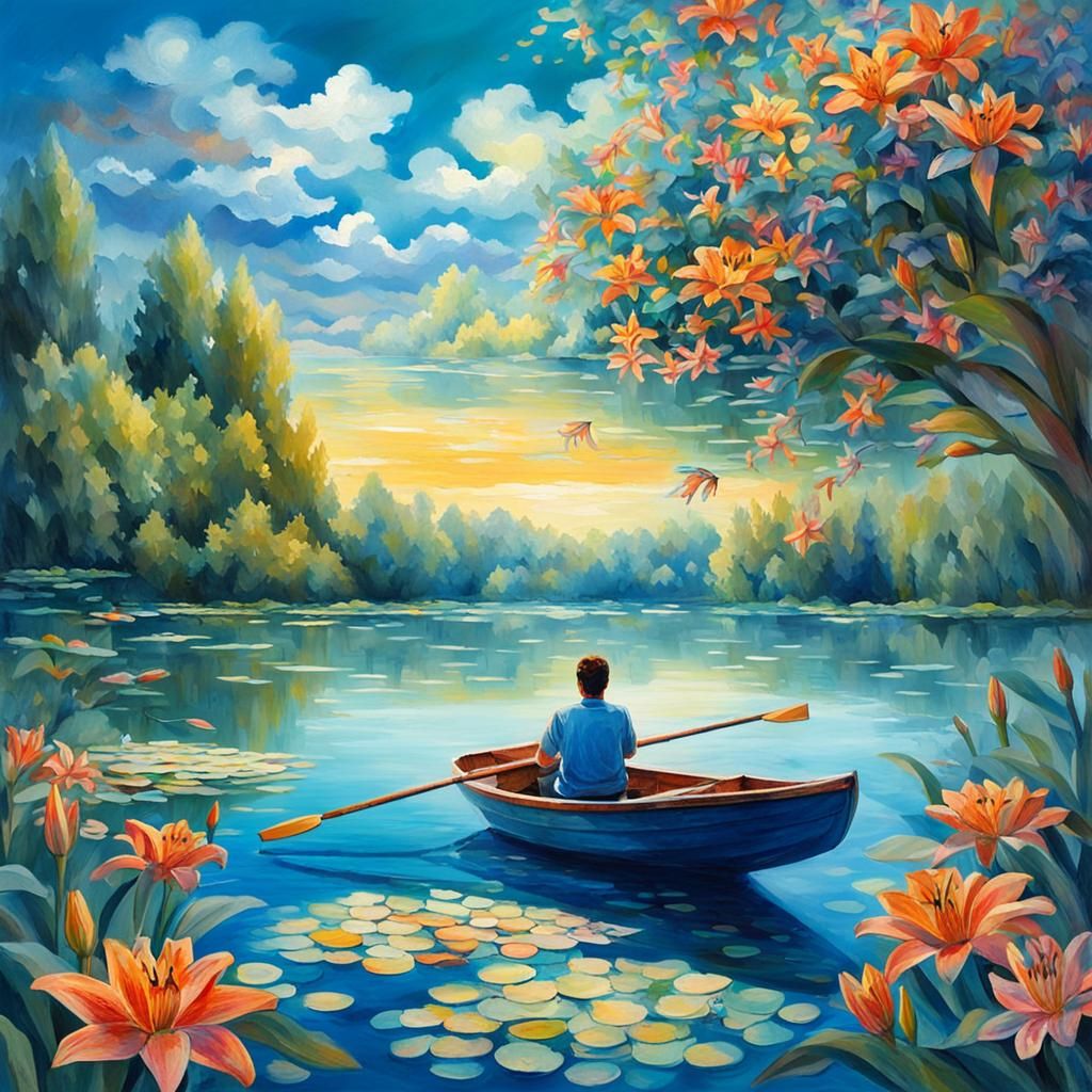 blue clouds over a wonderful lake, a boat is floating on the...
