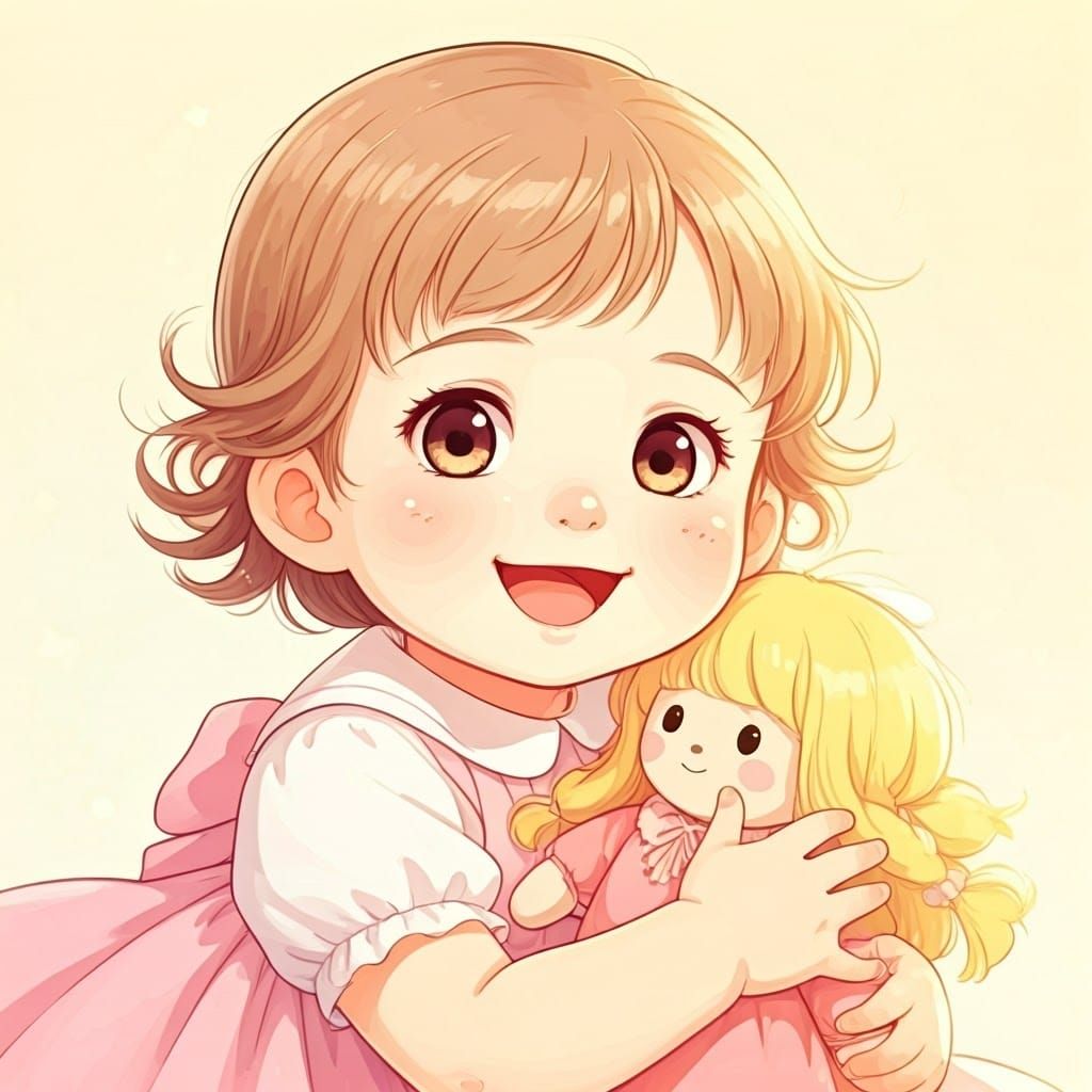 Sweet Japanese Anime Baby Girl Holding Doll
