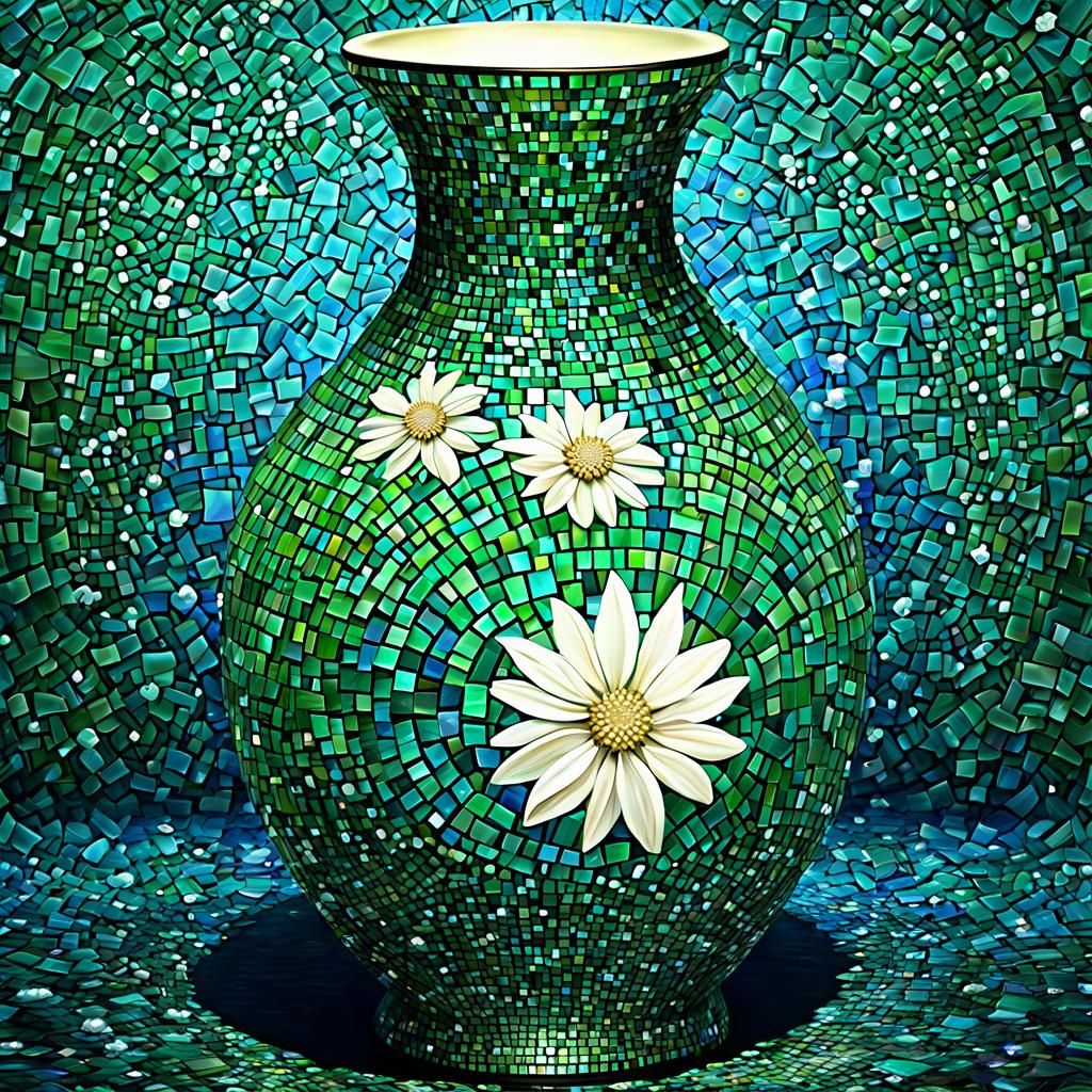 Blue green mosaic vase,round glass pieces, design of the oce...
