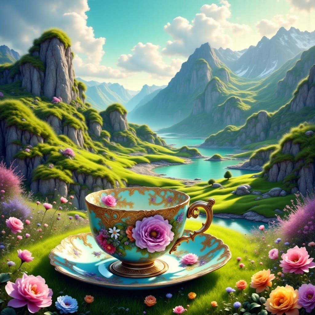 <lora:My-Teacups:1.0>  Vibrant colourful landscape with rolling hills, majestic mountains, and serene lakes, Jean Baptiste Monge, Puffy Ami ...