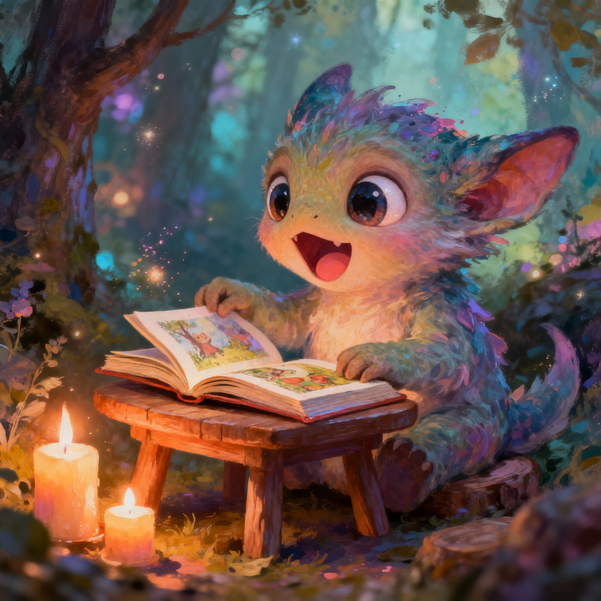 A cute, whimsical fantasy creature of unknown species with big expressive eyes and a wide curious mouth, sitting comfortably and flipping th...