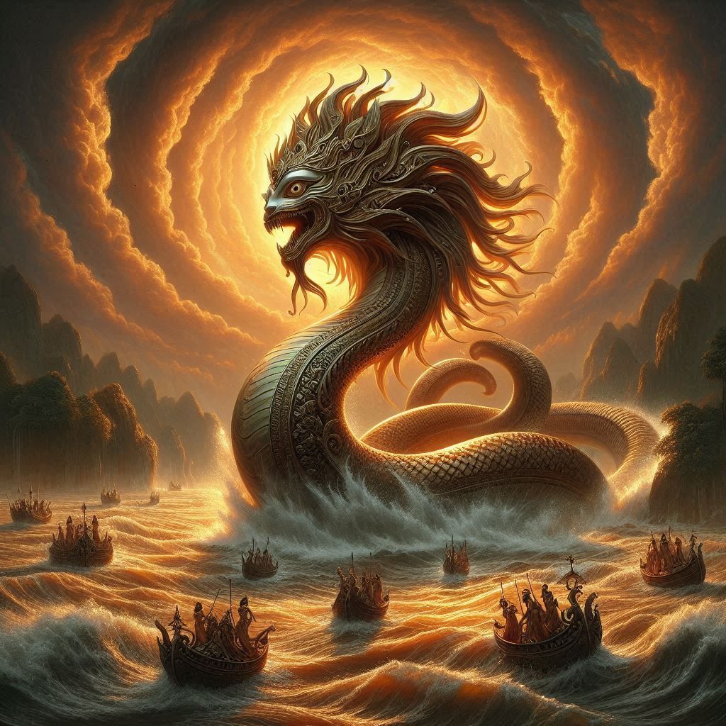 a river queen rising from a swirling whirlpool, amber hues